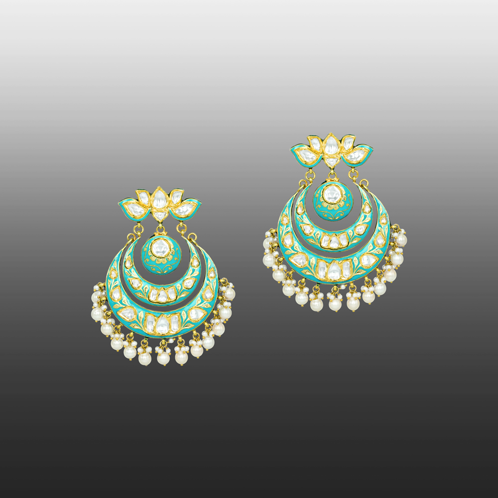 Turquoise Lotus-Inspired Chandbali Earrings with Polkis and Pearls